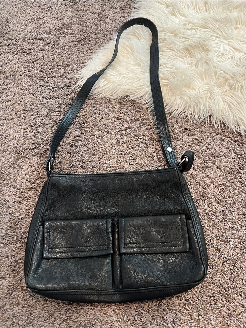 Leather crossbody, Fossil black pebbled leather with dual front flap pockets
